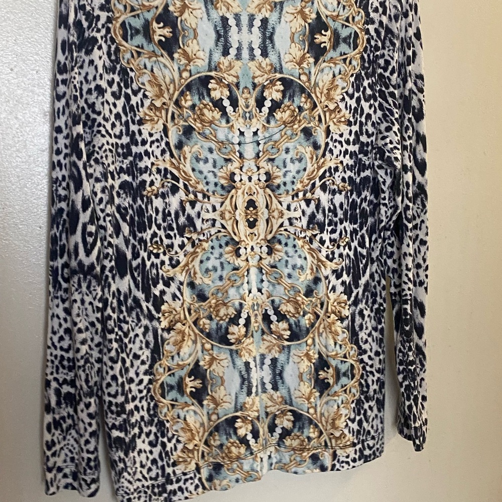 Chico’s Womens Tunic Blouse Size 1 Leopard Gold Chain & Teal Print  Bust 40” - Picture 5 of 5
